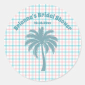パームツリー アズール ピンク チェックのウェディングシャワー ラウンドシール (正面)