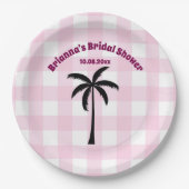 パームツリー ホワイト ピンク チェック柄 ブライダルシャワー ペーパープレート (正面)