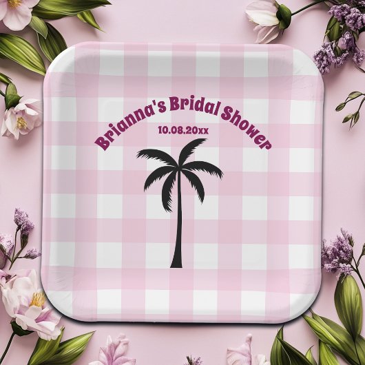 パームツリー ホワイト ピンク チェック柄 ブライダルシャワー ペーパープレート