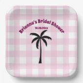 パームツリー ホワイト ピンク チェック柄 ブライダルシャワー ペーパープレート (正面)