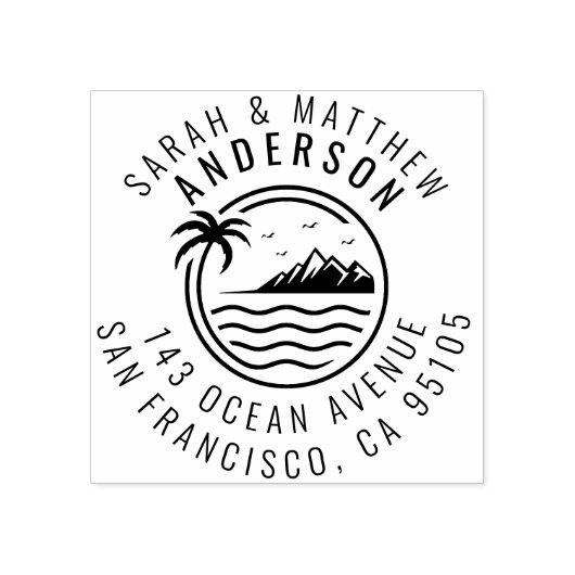 パームツリー、山と海結婚したカップルの住所 ラバースタンプ (インプリント)