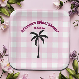 パームツリー 白 ピンク チェック 花嫁のシャワー ペーパープレート
