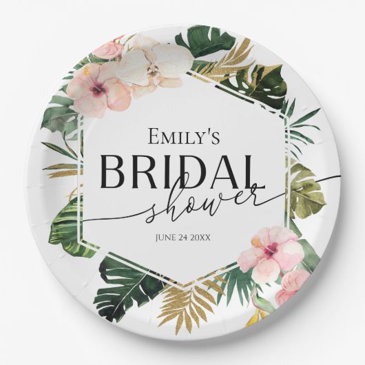 パームハイビスカストロピカルフローラブライダルシャワー ペーパープレート (正面)