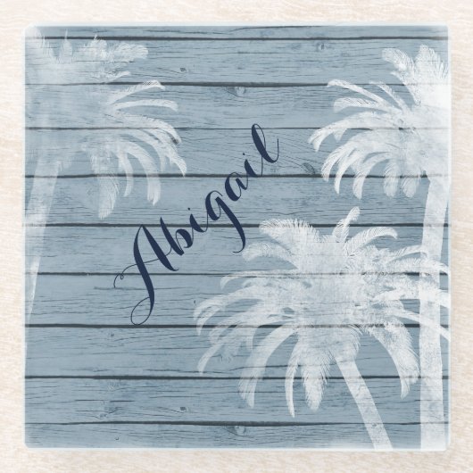 パームパーソナライズされたツリーオンウッド素朴ビーチ ガラスコースター (正面)