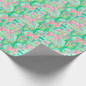 パームビーチクリスマスウォーターカラーピンクトナカイ ラッピングペーパー (角)