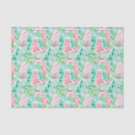 パームビーチクリスマスウォーターカラーピンク&グリーンツリー 薄葉紙 (正面)