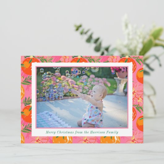 パームビーチクリスマスピンク&オレンジオーナメント写真 シーズンカード (スタンド正面)