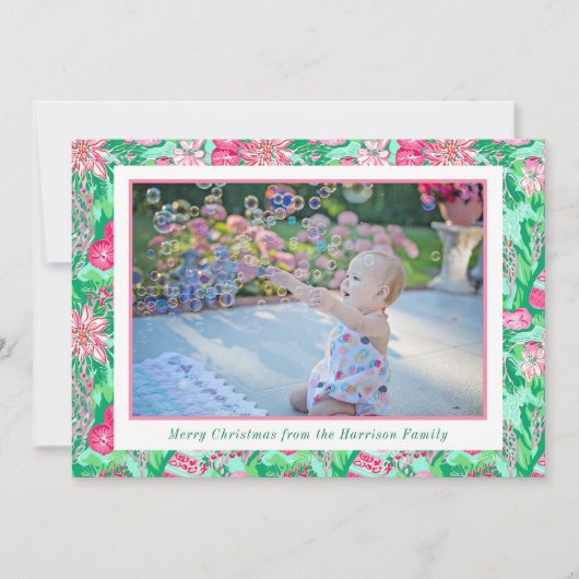 パームビーチクリスマスピンク&グリーンストッキング写真 シーズンカード (正面)