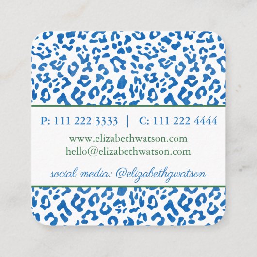 パームビーチ名門私立校風のブルーグリーンアニマルプリントスタイリスト スクエア名刺 (裏面)