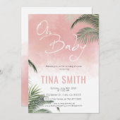 パームフロントハワイアントロピカルトレンディーモダンピンク 招待状 (正面/裏面)