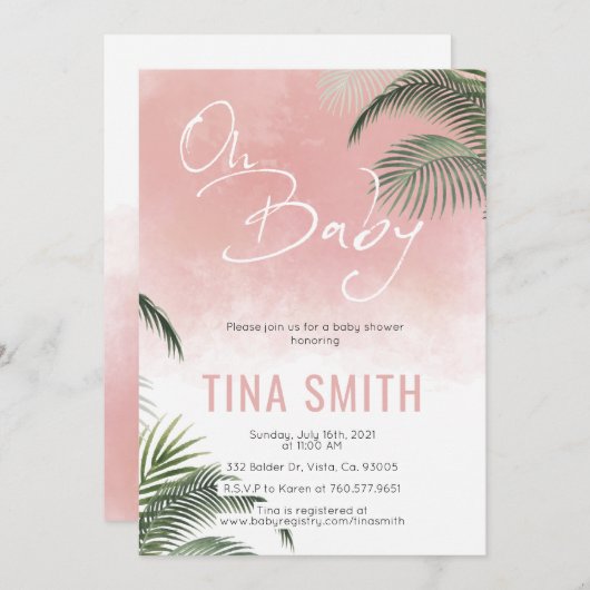 パームフロントハワイアントロピカルトレンディーモダンピンク 招待状 (正面/裏面)