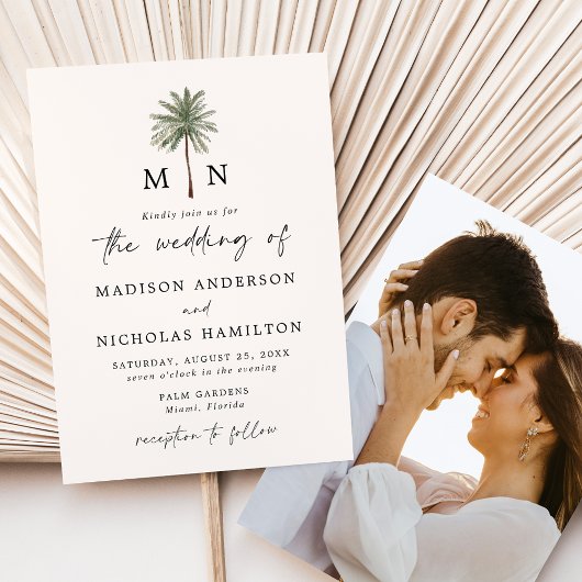 パームミニマルツリーモノグラム結婚写真 招待状