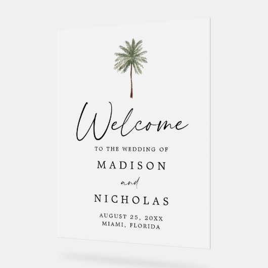 パームミニマルツリー結婚の歓迎フロステッド アクリルサイン (傾斜)