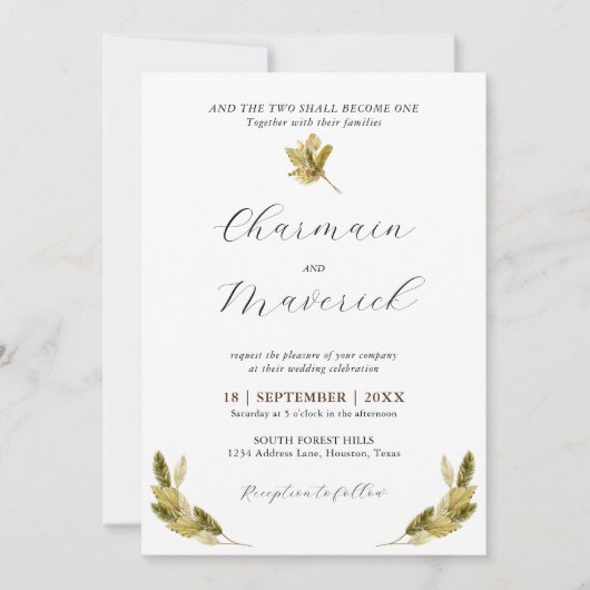 パームミニマルリーフのモノグラム結婚写真 招待状 (正面)