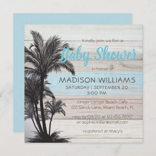パームモダンツリートロピカルビーチシック赤ちゃんシャワー 招待状 (正面/裏面)