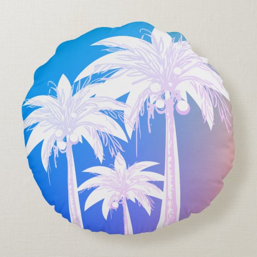 パームモダンリーフの水の色カラフルブルーピンク ラウンドクッション (裏面)