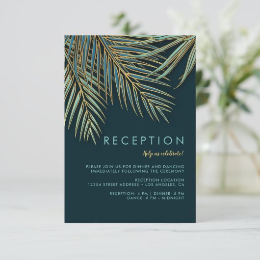 パームモダン金ゴールドグリーントロピカルビーチ結婚式 エンクロージャーカード (スタンド正面)