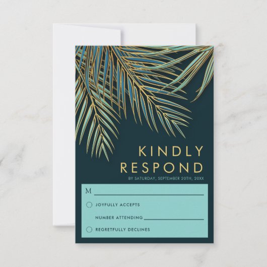 パームモダン金ゴールドティール(緑がかった色)トロピカルビーチ結婚式 出欠カード (正面)