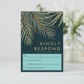 パームモダン金ゴールドティール(緑がかった色)トロピカルビーチ結婚式 出欠カード (スタンド正面)