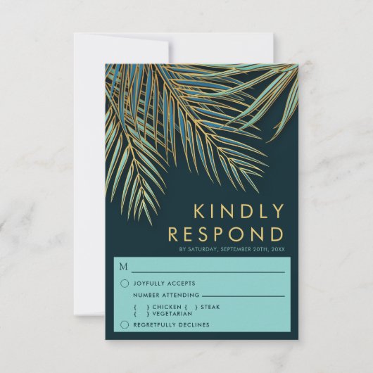 パームモダン金ゴールドティール(緑がかった色)ビーチ結婚式食事の選択 出欠カード (正面)