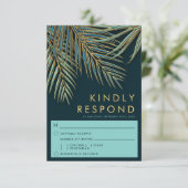 パームモダン金ゴールドティール(緑がかった色)ビーチ結婚式食事の選択 出欠カード (スタンド正面)