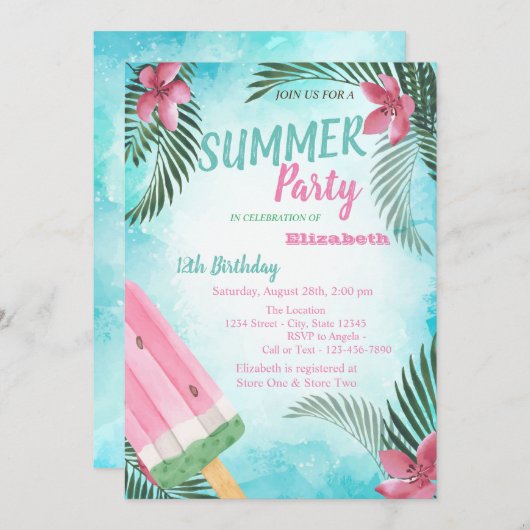 パームリーフと花とアイスクリームの誕生日パーティー 招待状 (正面/裏面)