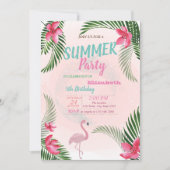 パームリーフと花とフラミンゴの誕生日パーティー 招待状 (正面)