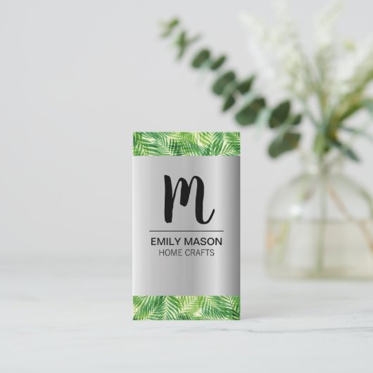 パームリーフシルバー金属木目トリム 名刺 (スタンド正面)