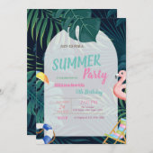 パームリーフピンクフラミンゴ誕生日 招待状 (正面/裏面)