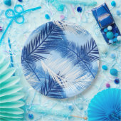 パームリーフプリント、コバルト、白とスカイブルー ペーパープレート (パーティー)