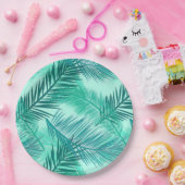 パームリーフプリント、ターコイズ、ティール（緑がかった色）、アクア ペーパープレート (パーティー)