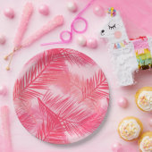 パームリーフプリント、明るい赤紫色、コーラル、パステルピンク ペーパープレート (パーティー)