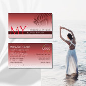 パームリーフモノグラムとロゴ付きワインレッドのグラデーション 名刺