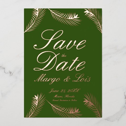 パームリーフ日付を保存する緑の金ゴールド押し込み 箔招待状 (正面)