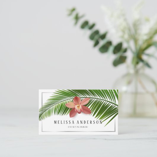 パームリーフ&オーキッドトロピカルフローラシルバーフレーム 名刺 (スタンド正面)
