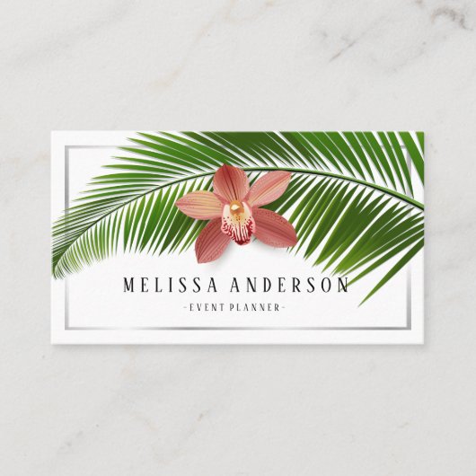 パームリーフ&オーキッドトロピカルフローラシルバーフレーム 名刺 (正面)