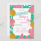 パームリーフ、トロピカルフルーツピンクフラミンゴ誕生日 招待状 (正面)