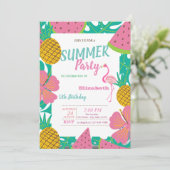 パームリーフ、トロピカルフルーツピンクフラミンゴ誕生日 招待状 (スタンド正面)
