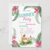 パームリーフ、トロピカルフルーツ、フラワーバースデーパーティー 招待状 (正面)