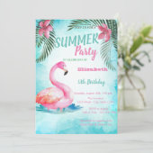 パームリーフ、ピンクフラミンゴ誕生日 招待状 (スタンド正面)