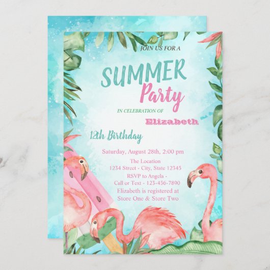 パームリーフ、フラミンゴス、アイスクリーム誕生日パーティー 招待状 (正面/裏面)
