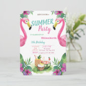 パームリーフ、フルーツ、ピンクのフラミンゴの誕生日パーティー 招待状 (スタンド正面)