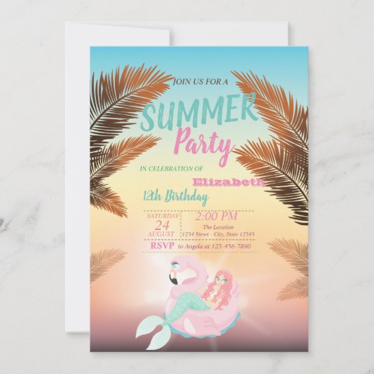 パームリーフ、マーメイドの誕生日パーティー 招待状 (正面)