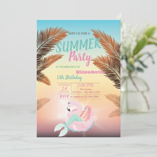 パームリーフ、マーメイドの誕生日パーティー 招待状 (スタンド正面)