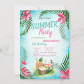 パームリーフ、熱帯の花、フルーツ誕生日パーティー 招待状 (正面)