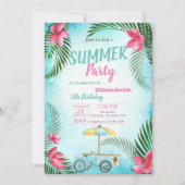 パームリーフ、花、アイスクリームバイク誕生日パーティー 招待状 (正面)