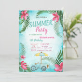 パームリーフ、花、アイスクリームバイク誕生日パーティー 招待状 (スタンド正面)