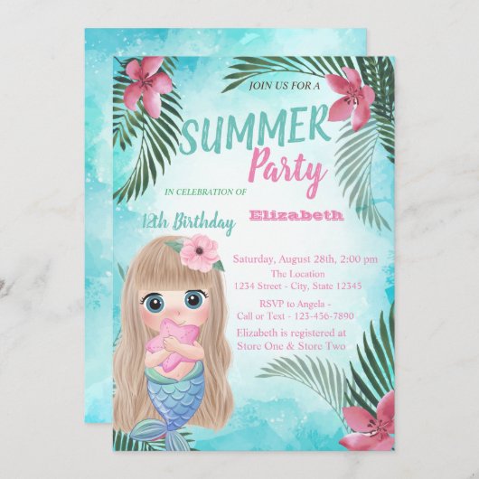 パームリーフ、花、ベビーマーメイド誕生日パーティー 招待状 (正面/裏面)