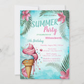 パームリーフ、花、垂れるアイスクリームの誕生日 招待状 (正面)