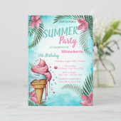 パームリーフ、花、垂れるアイスクリームの誕生日 招待状 (スタンド正面)